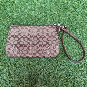Vtg Y2K Coach Monogram Signature Canvas Wristlet‎ Pouch Leather Trim Zip Closure